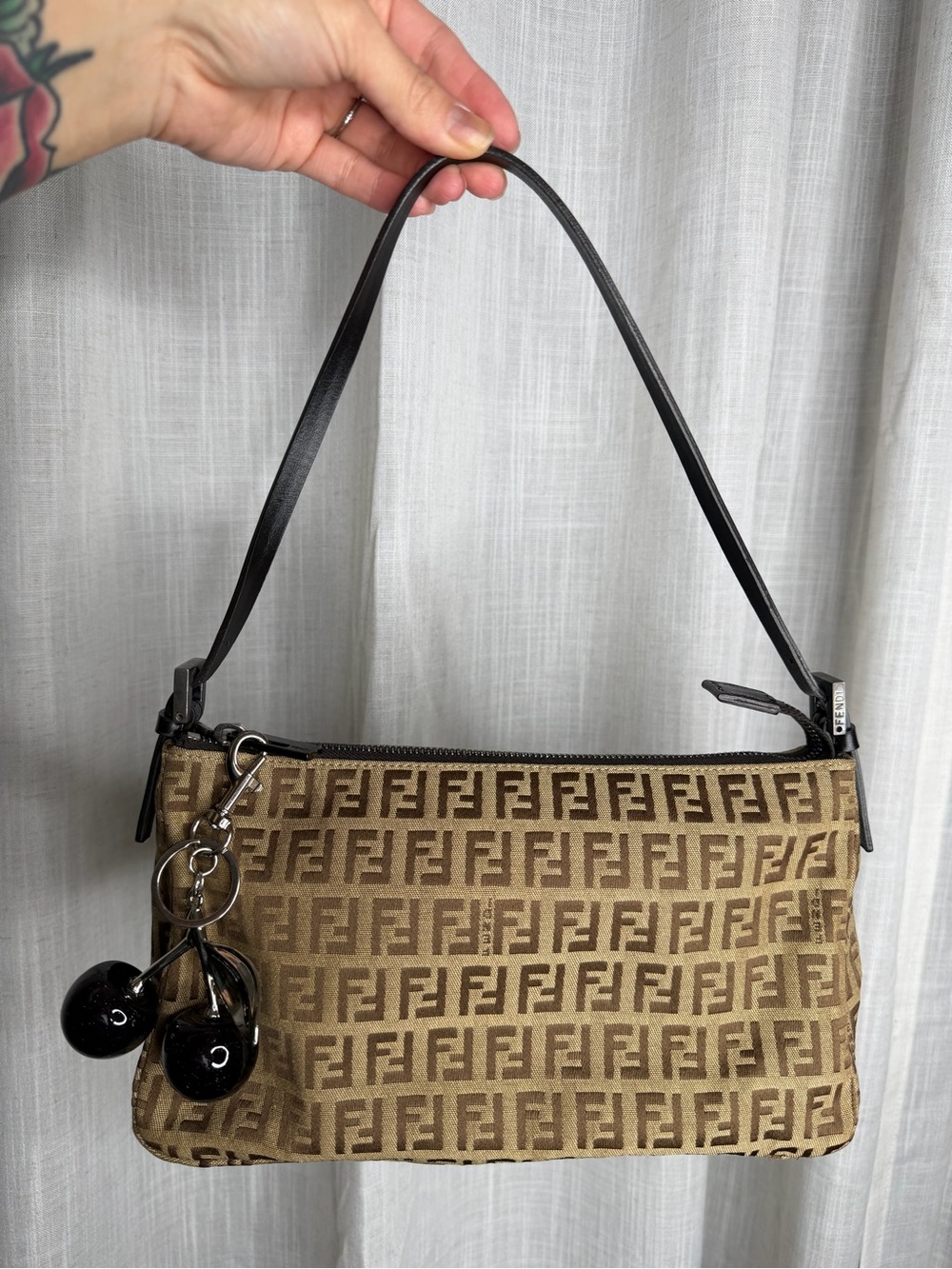 Fendi Brown Zucca FF Logo Shoulder Baguette with Black Strap